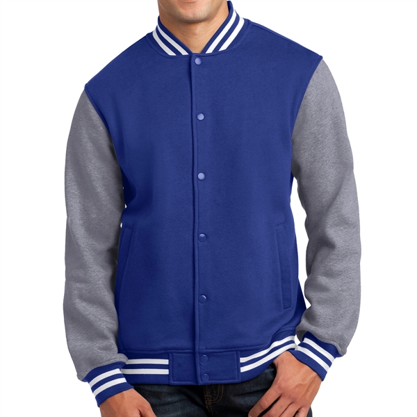 TRUE ROYAL/VINTAGE HEATHER color option for Sport Tek® Fleece Made Varsity Jacket