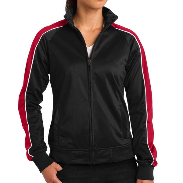 BLACK/ TRUE RED/ WHITE color option for Ladies' Pipe Designed Polyester Tricot Jacket