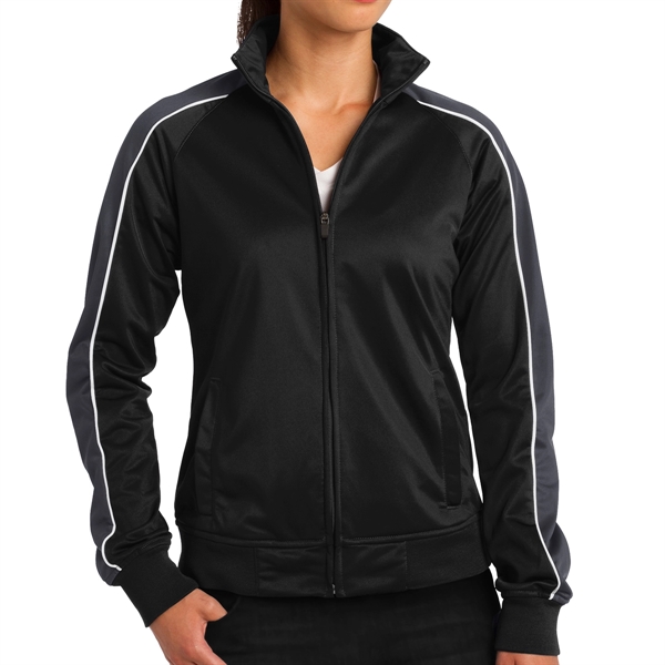 BLACK/IRON GRAY/WHITE color option for Ladies' Pipe Designed Polyester Tricot Jacket