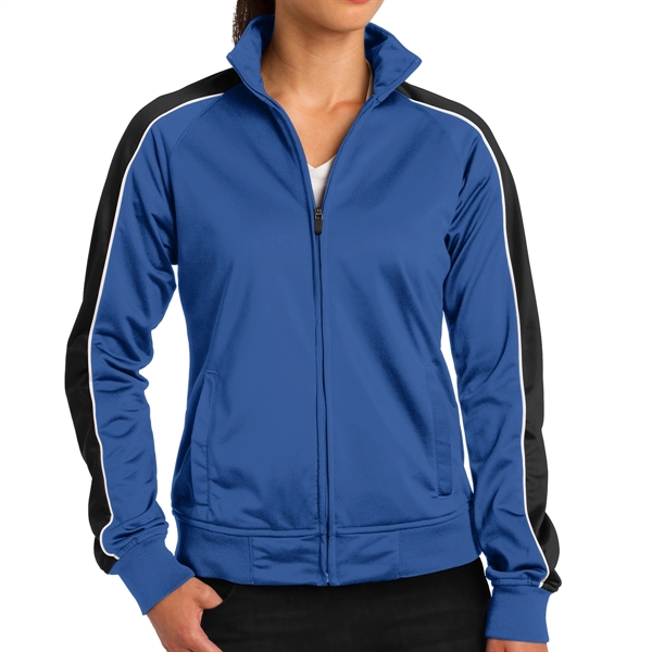 TRUE ROYAL/BLACK/WHITE color option for Ladies' Pipe Designed Polyester Tricot Jacket