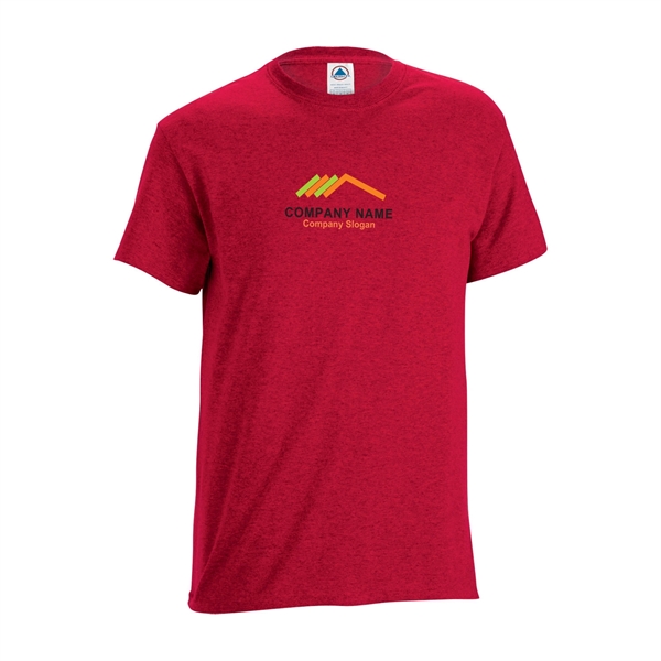 Athletic Red Heather color option for Unisex 100% Polyester Adult Tee
