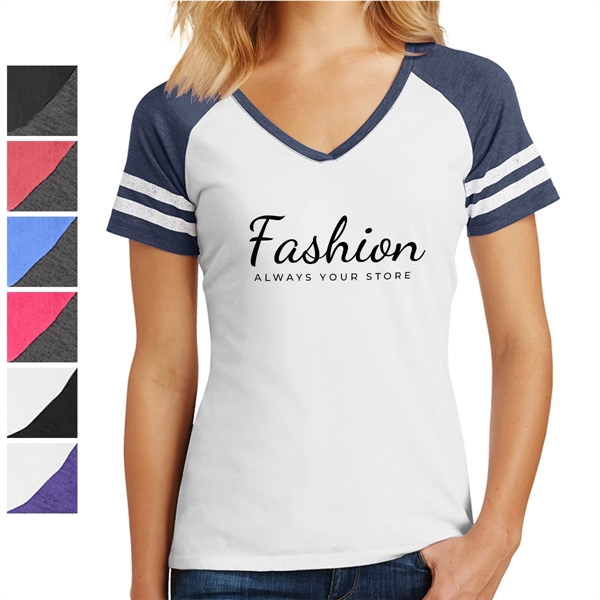 White/ Heather True Navy color option for District Made® Women's Varsity V Neck T Shirt