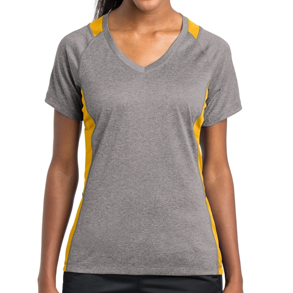 VINTAGE HEATHER/ GOLD color option for V Neck Raglan Tee