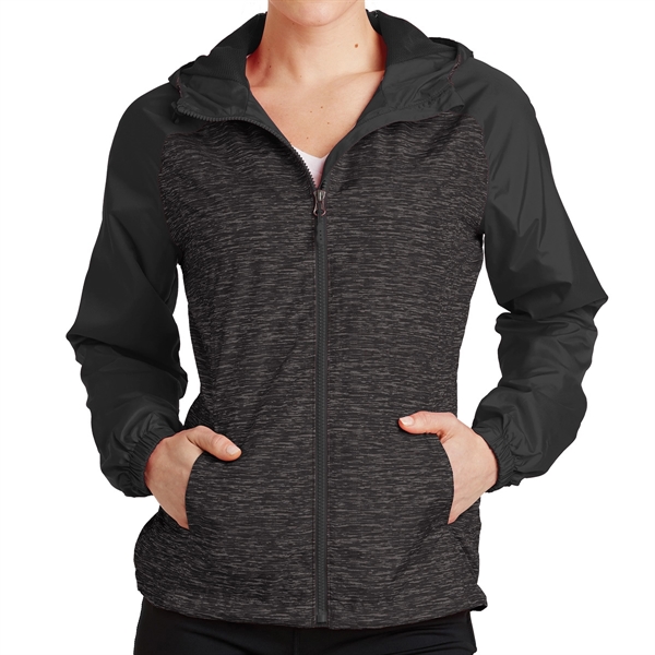 BLK HEATHER/BLK color option for Raglan Hooded Jacket With Colorblocking Design For Ladies'