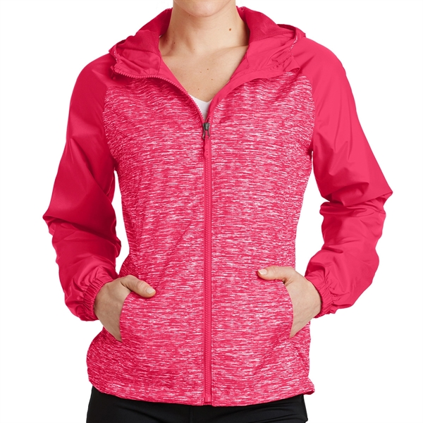 Pink Rasp Hthr/ Pink Raspberry color option for Raglan Hooded Jacket With Colorblocking Design For Ladies'