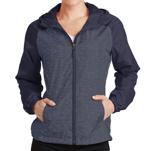 True Navy Heather/True Navy color option for Raglan Hooded Jacket With Colorblocking Design For Ladies'