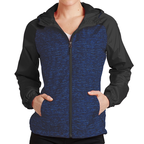 True Royal Heather/Black color option for Raglan Hooded Jacket With Colorblocking Design For Ladies'