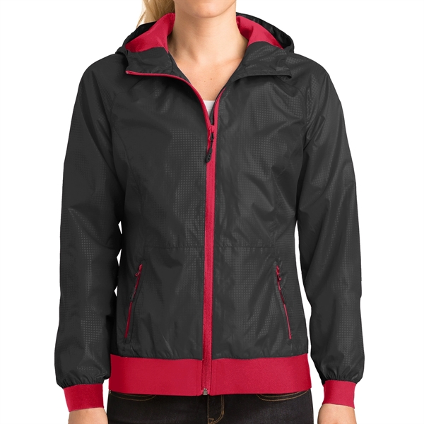 BLACK/ TRUE RED color option for Embossed Jacket With Hood For Women
