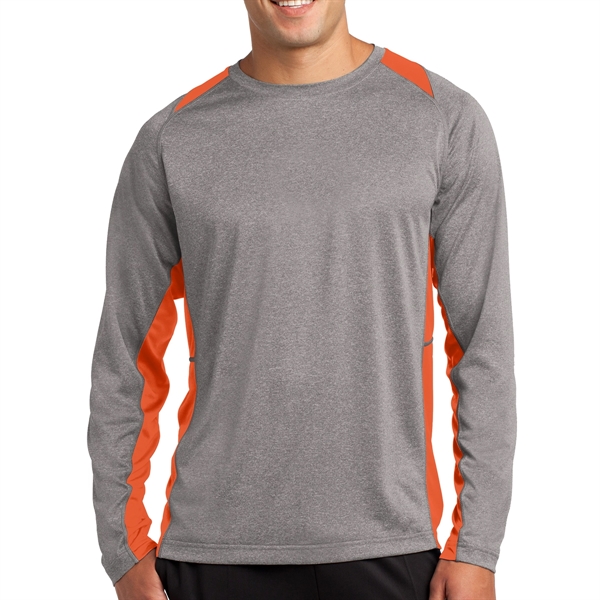 VINTAGE HEATHER/ DEEP ORANGE color option for Sport Tek® Colorblocked Heather Long Sleeved T Shirt