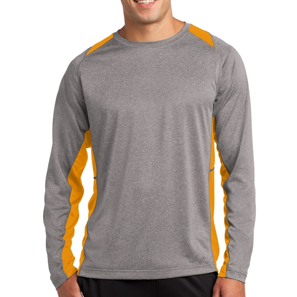 VINTAGE HEATHER/ GOLD color option for Sport Tek® Colorblocked Heather Long Sleeved T Shirt
