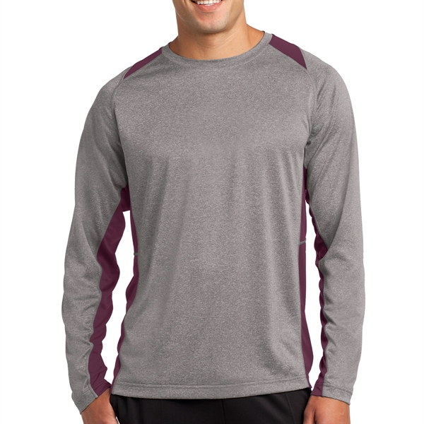 VINTAGE HEATHER/ MAROON color option for Sport Tek® Colorblocked Heather Long Sleeved T Shirt