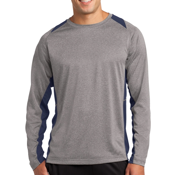 VINTAGE HEATHER/ TRUE NAVY color option for Sport Tek® Colorblocked Heather Long Sleeved T Shirt