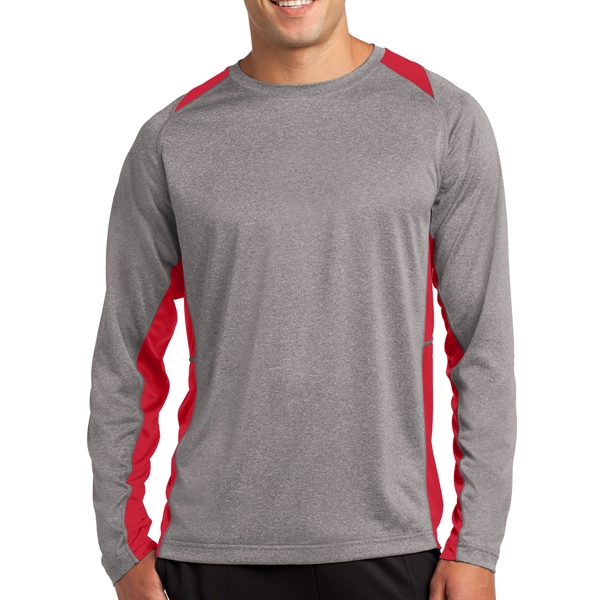 VINTAGE HEATHER/ TRUE RED color option for Sport Tek® Colorblocked Heather Long Sleeved T Shirt