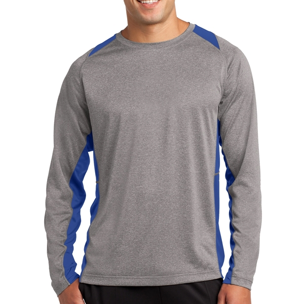 VINTAGE HEATHER/TRUE ROYAL color option for Sport Tek® Colorblocked Heather Long Sleeved T Shirt