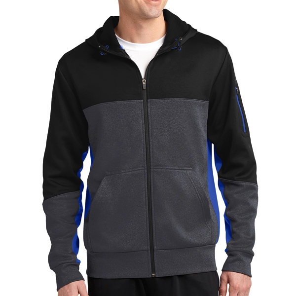 BLACK/GRAPHITE HEATHER/TRUE ROY color option for Sport Tek® Colorblocked Zippered Hoodie Jacket