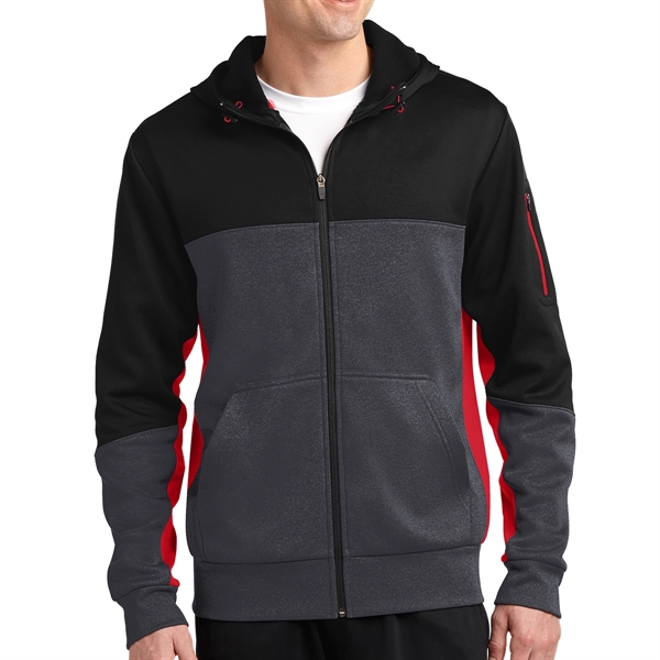 Black/Graphite Heather/True Red color option for Sport Tek® Colorblocked Zippered Hoodie Jacket
