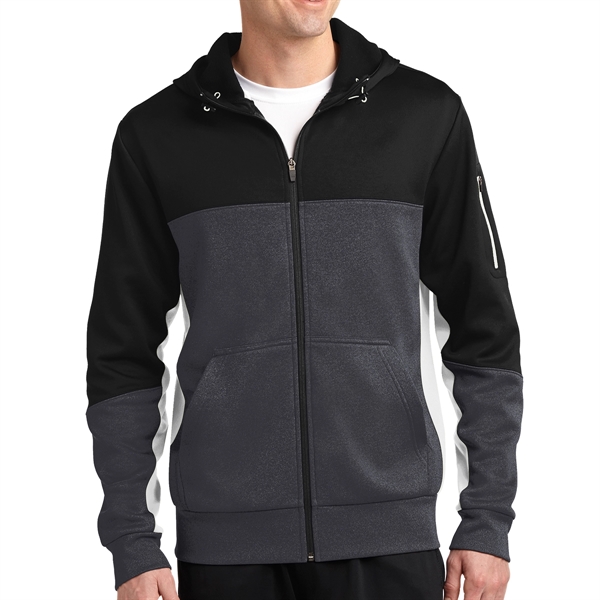 Black/Graphite Heather/White color option for Sport Tek® Colorblocked Zippered Hoodie Jacket