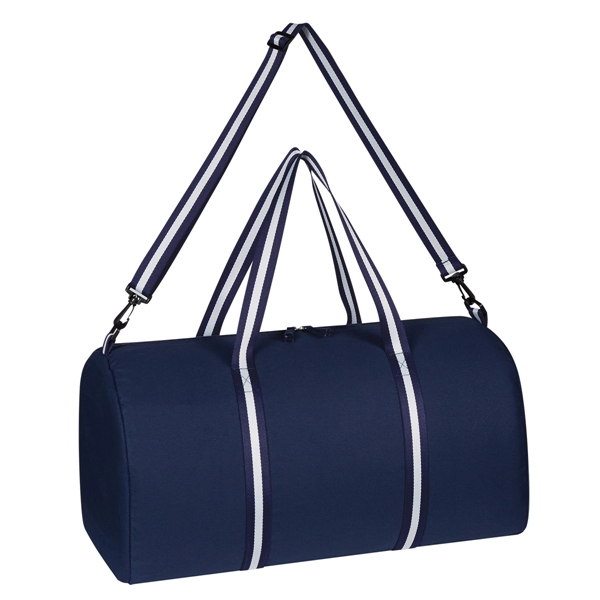 Navy Blue With White color option for Striped Travel Duffel Bag