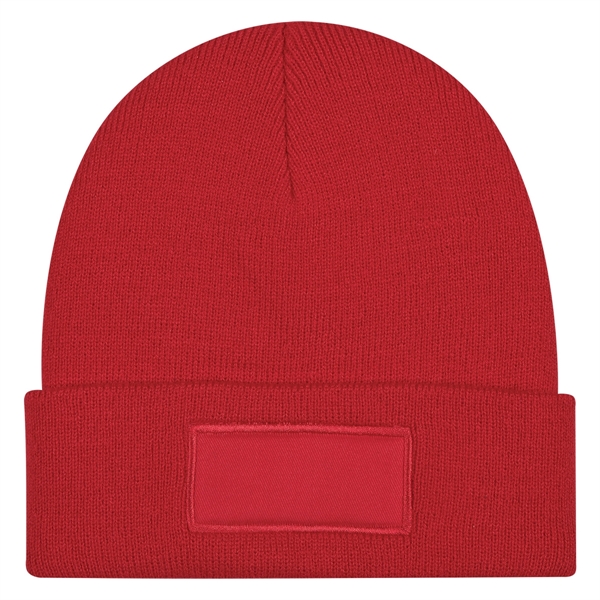 Red color option for Beanie With Knitted Patch And Cuff