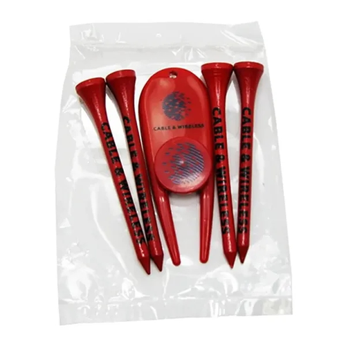 Main photo of Golf Tee Poly Packet W/ 4 Tees, 1 Ball Marker & 1 Divot Tool