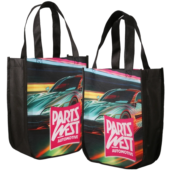 Black color option for Sublimated Curved Bottom Tote   Front And Back