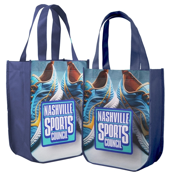 Navy Blue color option for Sublimated Curved Bottom Tote   Front And Back