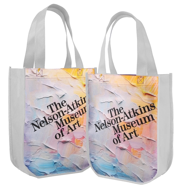 White color option for Sublimated Curved Bottom Tote   Front And Back