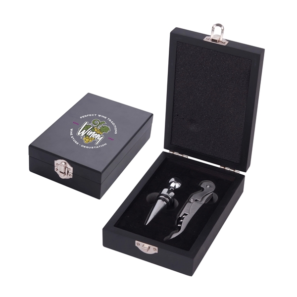 Black color option for Stainless Steel Wine Opener & Stopper Set In A Wood Case