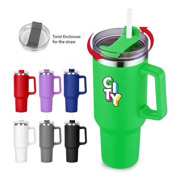 Green color option for 40 Oz. S/S Travel Handle Mug W/ Twist Closure Straw Lid