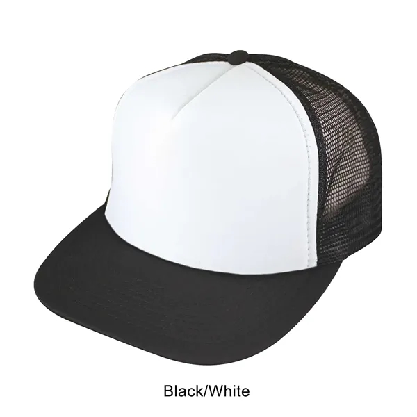 Black/White color option for Flat Bill 5 Panel Summer Mesh Trucker Cap