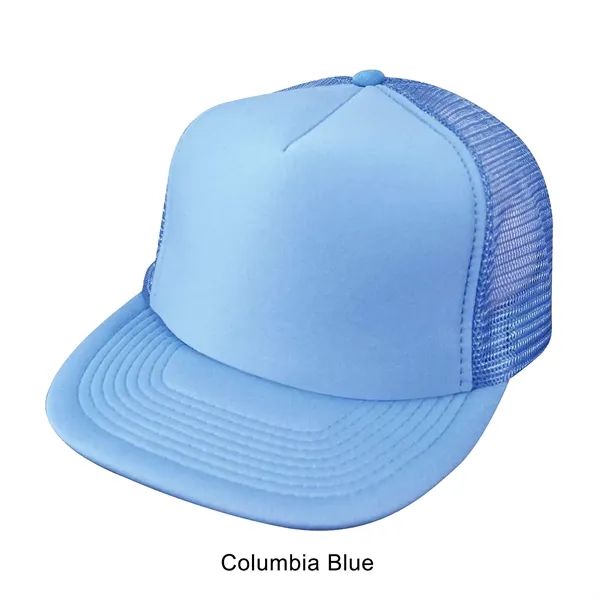 Columbia Blue color option for Flat Bill 5 Panel Summer Mesh Trucker Cap