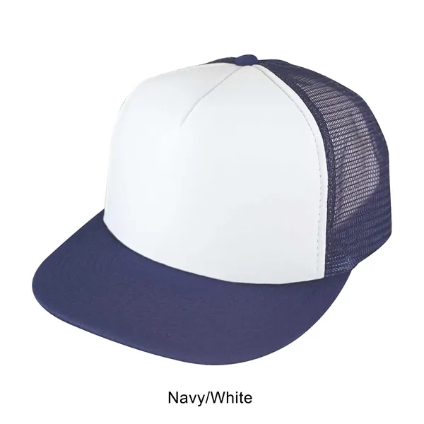 Navy/White color option for Flat Bill 5 Panel Summer Mesh Trucker Cap