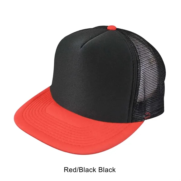 Red/Black color option for Flat Bill 5 Panel Summer Mesh Trucker Cap
