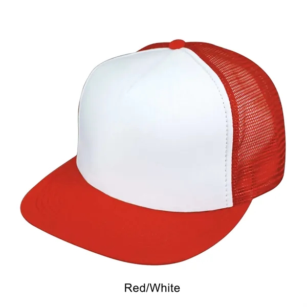 Red/White color option for Flat Bill 5 Panel Summer Mesh Trucker Cap
