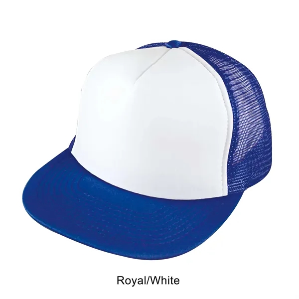 Royal/White color option for Flat Bill 5 Panel Summer Mesh Trucker Cap