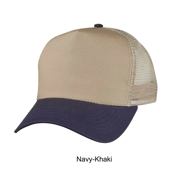 Navy/Khaki color option for 5 Panel Structured Cotton Twill Mesh Back Trucker Cap