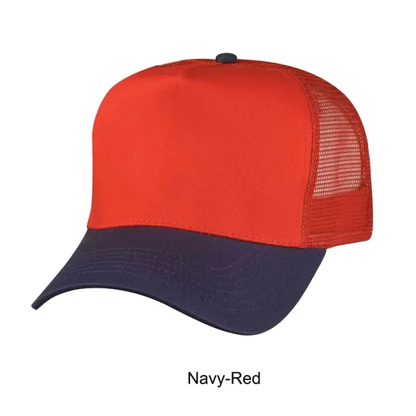 Navy/Red color option for 5 Panel Structured Cotton Twill Mesh Back Trucker Cap
