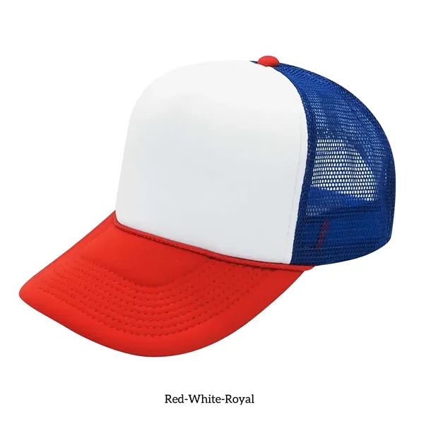 Red-White-Royal Blue color option for Classic Foam Front 5 Panel Trucker Hat With Mesh Back