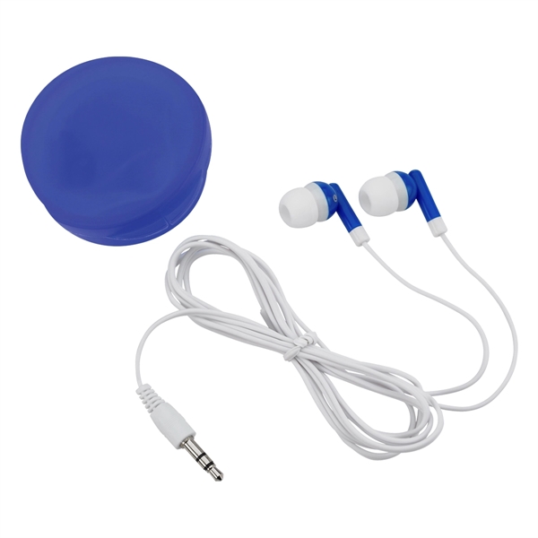 Blue color option for Ear Buds In Round Plastic Case