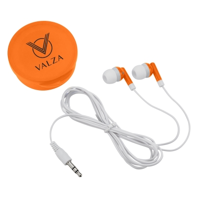 Orange color option for Ear Buds In Round Plastic Case