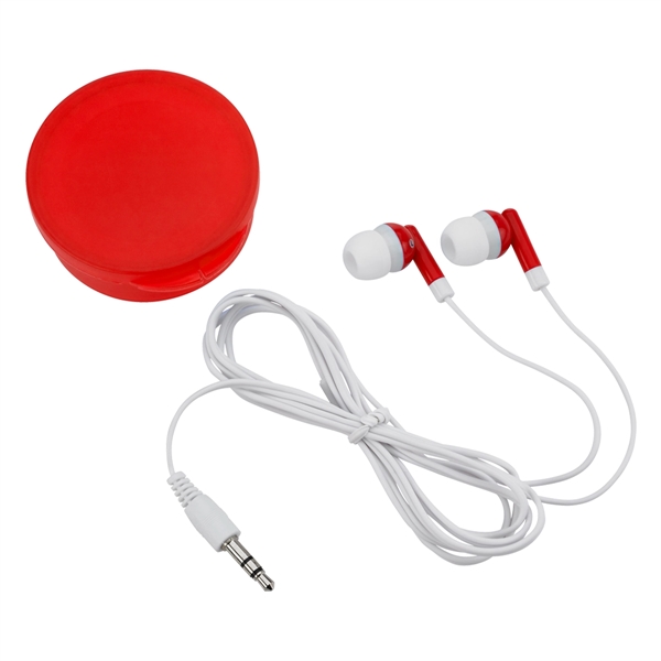 Red color option for Ear Buds In Round Plastic Case