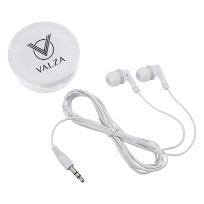 White color option for Ear Buds In Round Plastic Case
