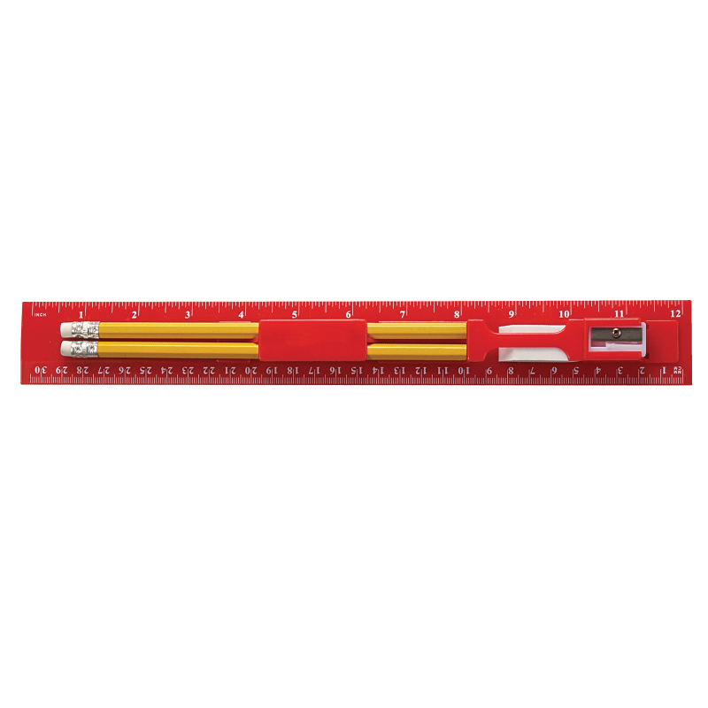 Red color option for 12 Inch Plastic Ruler Stationery Kit With Pencil, Eraser And Sharpener