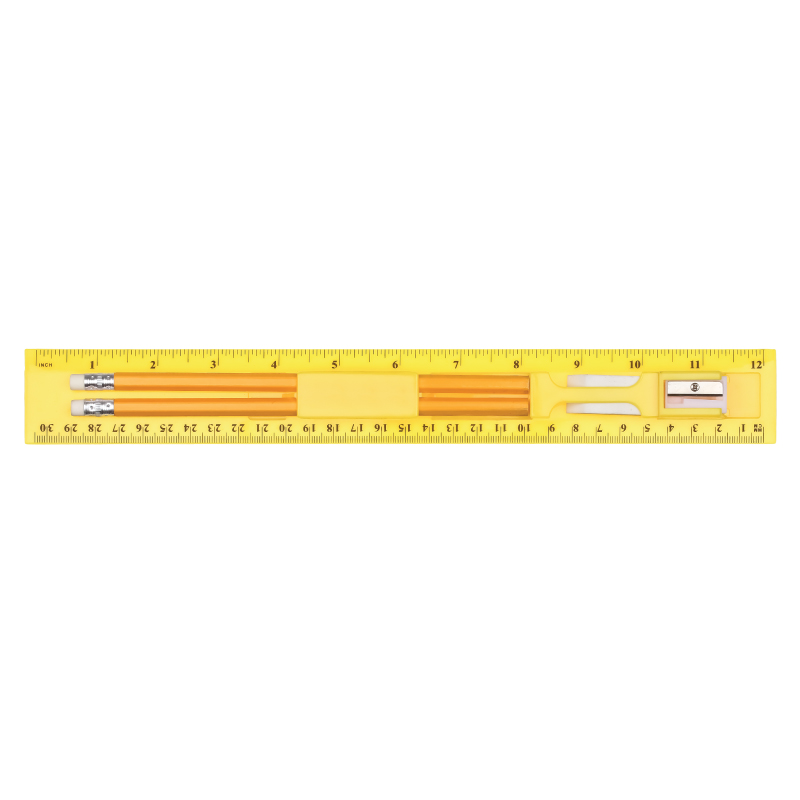 Yellow color option for 12 Inch Plastic Ruler Stationery Kit With Pencil, Eraser And Sharpener
