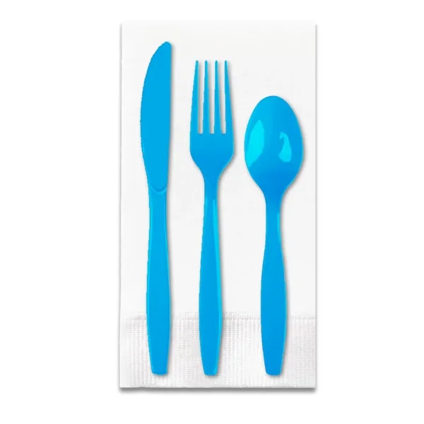 Bermuda Blue color option for White 3 Ply Dinner Napkin 1/8th Fold, Knife, Fork & Teaspoon (White Or Colored Utensils)