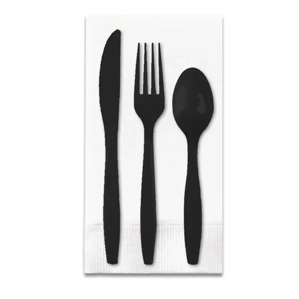 Black color option for White 3 Ply Dinner Napkin 1/8th Fold, Knife, Fork & Teaspoon (White Or Colored Utensils)