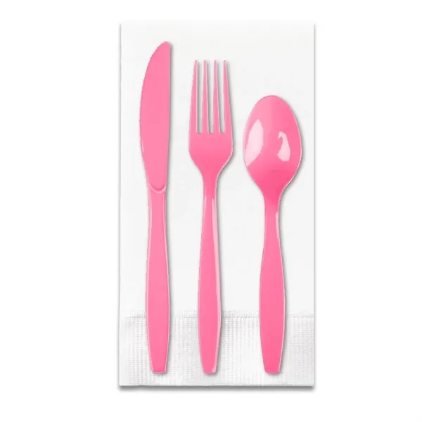 Candy Pink color option for White 3 Ply Dinner Napkin 1/8th Fold, Knife, Fork & Teaspoon (White Or Colored Utensils)