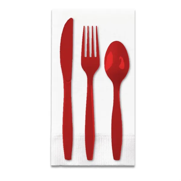 Classic Red color option for White 3 Ply Dinner Napkin 1/8th Fold, Knife, Fork & Teaspoon (White Or Colored Utensils)