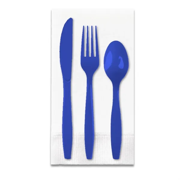 Cobalt Blue color option for White 3 Ply Dinner Napkin 1/8th Fold, Knife, Fork & Teaspoon (White Or Colored Utensils)