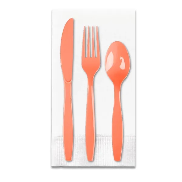 Coral Orange color option for White 3 Ply Dinner Napkin 1/8th Fold, Knife, Fork & Teaspoon (White Or Colored Utensils)